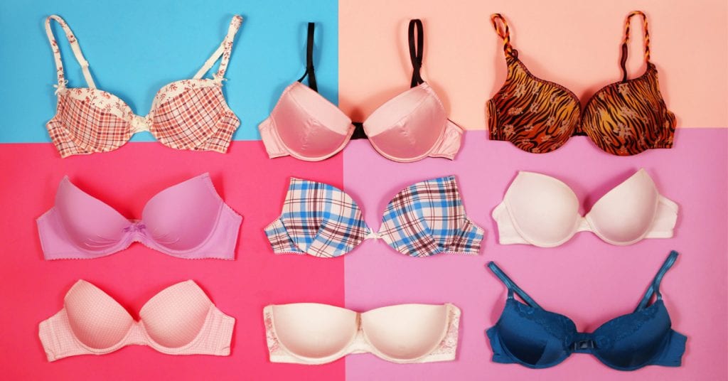 Grid of colorful bras to choose from after breast augmentation